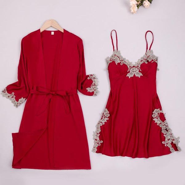 women's sleepwear women kimono gown summer satin 2pcs robe set lace nightgown loose nightwear intimate lingerie with pads, Black;red
women's sleepwear women kimono gown summer satin 2pcs robe set lace nightgown loose nightwear intimate lingerie with pads, Black;red