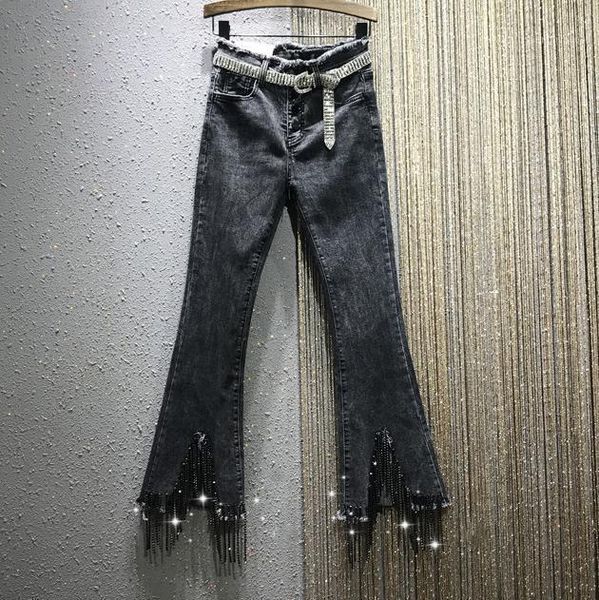 women's jeans high waist woman flash tassel rhinestone chain pants spring hole cut slim denim ankle-length trousers, Blue
women's jeans high waist woman flash tassel rhinestone chain pants spring hole cut slim denim ankle-length trousers, Blue