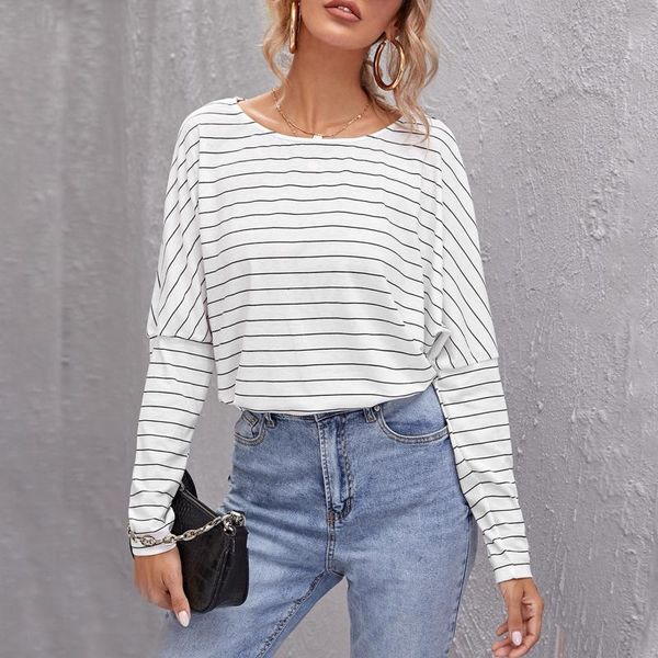 women's blouses & shirts striped print blouse women long sleeve round neck pullover  plus size loose casual for camisas de mujer 40#, White
women's blouses & shirts striped print blouse women long sleeve round neck pullover  plus size loose casual for camisas de mujer 40#, White