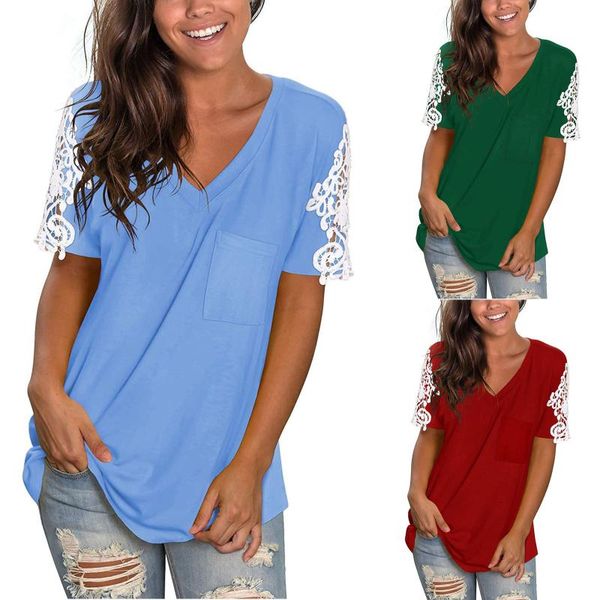 women's t-shirt lace short sleeve v-neck loose casual summer tee, White
women's t-shirt lace short sleeve v-neck loose casual summer tee, White