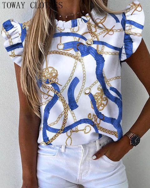 women's blouses & shirts women summer casual chain print ruffles short sleeve blouse trim frill striped ruffle top, White
women's blouses & shirts women summer casual chain print ruffles short sleeve blouse trim frill striped ruffle top, White