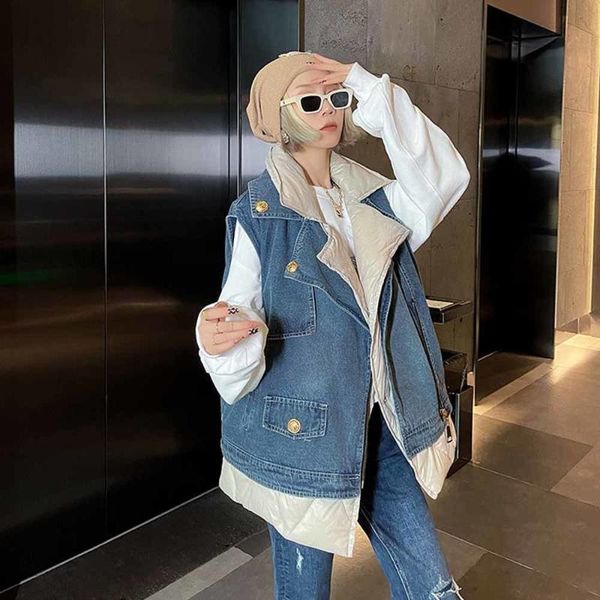 women's vests outwear denim stitching down cotton vest streetwear padded causal female sleeveless windproof warm waistcoat, Black;white
women's vests outwear denim stitching down cotton vest streetwear padded causal female sleeveless windproof warm waistcoat, Black;white