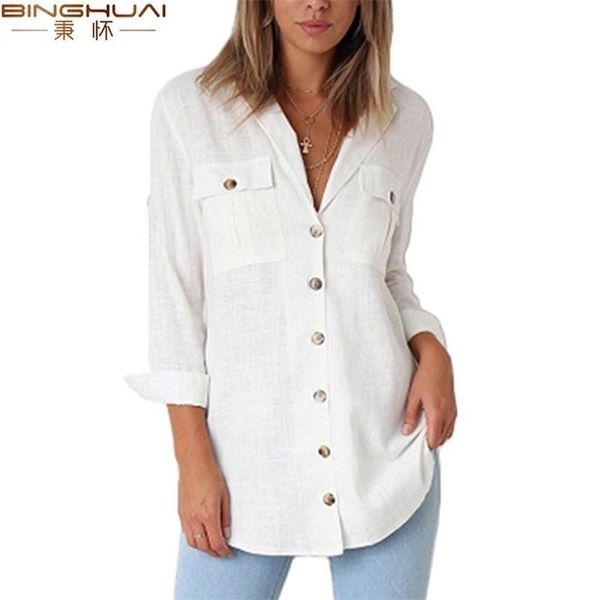 women's blouses & shirts 2021 autumn women fashion v neck button long sleeve blouse office lady casual solid loose bloes dames, White