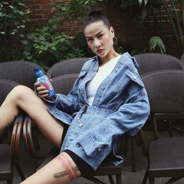 women's jackets 2021 spring long sleeve loose spliced single breasted waist lace up wild denim jacket women fashion tide female1, Black;brown
women's jackets 2021 spring long sleeve loose spliced single breasted waist lace up wild denim jacket women fashion tide female1, Black;brown