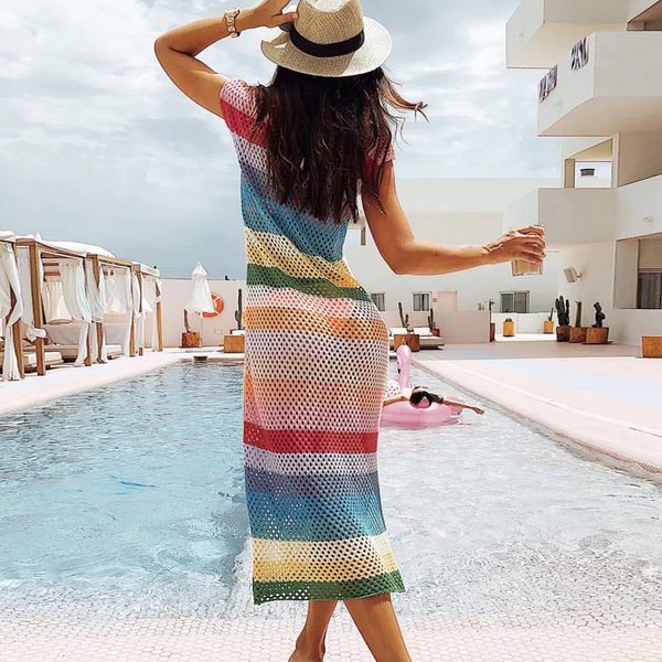 2021 new rainbow colored stripes tunic dresss women beach cover up cotton handmade crochet side split midi summer robe 73g3, White
2021 new rainbow colored stripes tunic dresss women beach cover up cotton handmade crochet side split midi summer robe 73g3, White