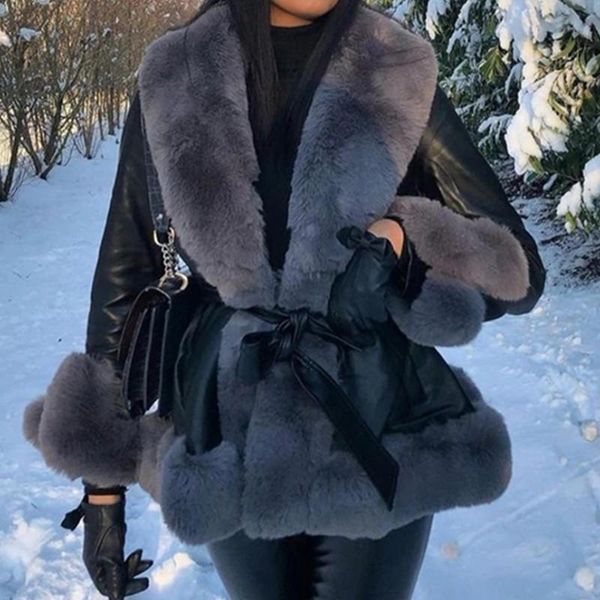 women's leather & faux 2021 winter jacket stitching fur collar cuff coat belt slim elegant warm thick overcoat female, Black
women's leather & faux 2021 winter jacket stitching fur collar cuff coat belt slim elegant warm thick overcoat female, Black