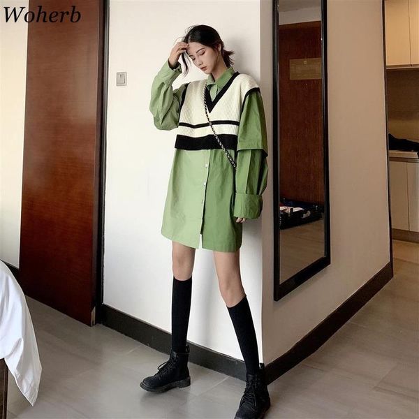 women's suits & blazers woherb knitted vest loose long shirt two-piece set suit women 2021 korean fashion clothes casual all match outf, White;black
women's suits & blazers woherb knitted vest loose long shirt two-piece set suit women 2021 korean fashion clothes casual all match outf, White;black