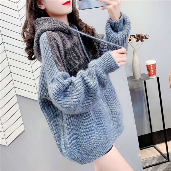 2020 winter new korean loose lazy style lamb wool knitted hooded and bottomed sweater coat, White;black
2020 winter new korean loose lazy style lamb wool knitted hooded and bottomed sweater coat, White;black