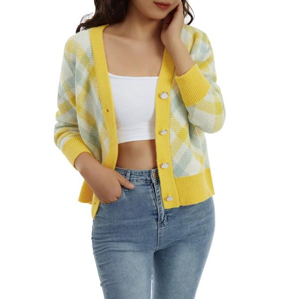 women's knits & tees girls v-neck long sleeve knitwear ladies preppy style mixed color plaid single-breasted knitted coat casual loose, White
women's knits & tees girls v-neck long sleeve knitwear ladies preppy style mixed color plaid single-breasted knitted coat casual loose, White