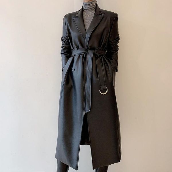 women's leather & faux korean chic autumn winter temperament lapel double breasted bandage waist closing medium and long pu 2021 n127, Black
women's leather & faux korean chic autumn winter temperament lapel double breasted bandage waist closing medium and long pu 2021 n127, Black
