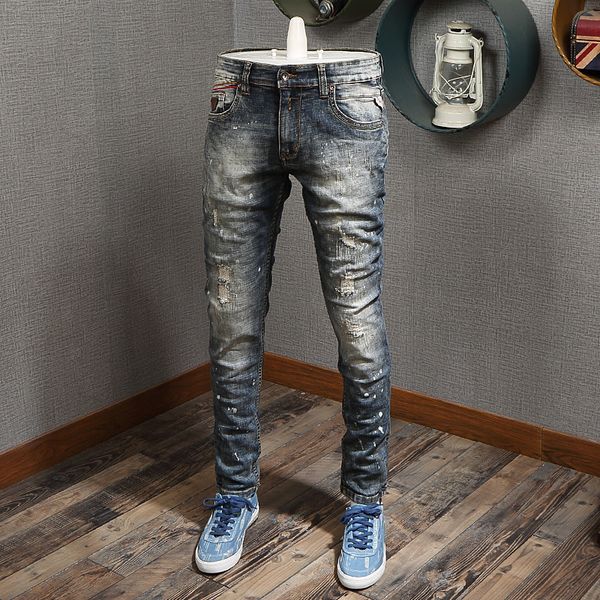 2021 new italian style fashion retro washed slim fit destroyed ripped men paint designer hip hop jeans homme ig1i, Blue
2021 new italian style fashion retro washed slim fit destroyed ripped men paint designer hip hop jeans homme ig1i, Blue