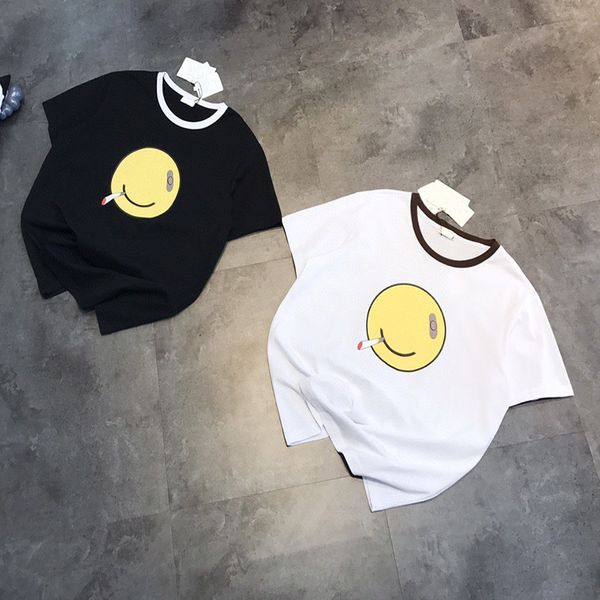 21 summer smoking smiling face print round neck short sleeve men's and women's same casual loose contrast collar t-shirt lo120678, White 
21 summer smoking smiling face print round neck short sleeve men's and women's same casual loose contrast collar t-shirt lo120678, White