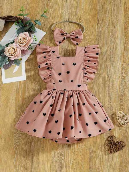baby heart print ruffle trim combo bodysuit dress & headband she, Red;yellow