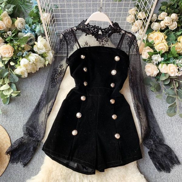 retro british style suit female 2021 new sheer mesh lace shirt and strapless velvet jumpsuit two pieces sets fashion, Gray
retro british style suit female 2021 new sheer mesh lace shirt and strapless velvet jumpsuit two pieces sets fashion, Gray