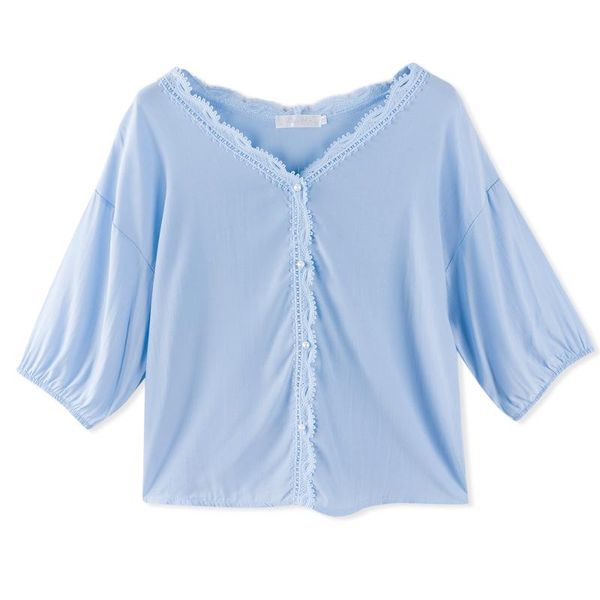 neatie kiddie sweet korean style lace patchwork v-neck blouse summer shirt women casual beading blue blouse, White
neatie kiddie sweet korean style lace patchwork v-neck blouse summer shirt women casual beading blue blouse, White