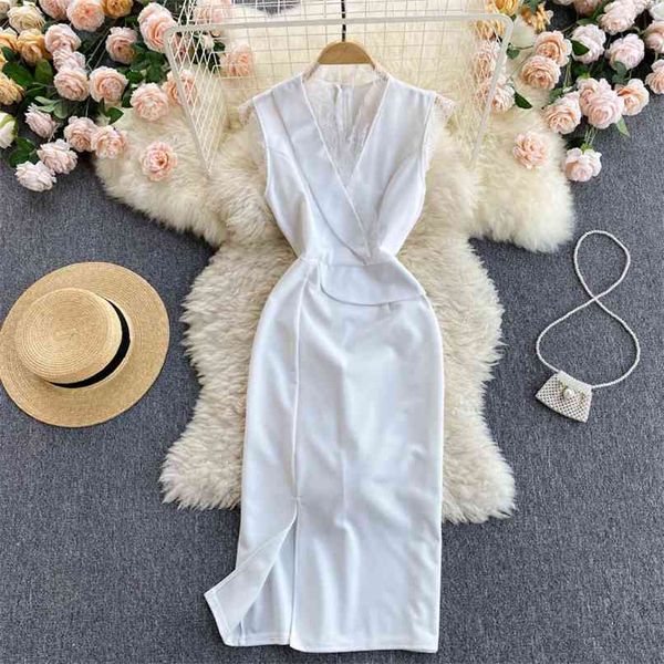 white sleeveless floral lace spliced women's dress v-neck high waist slim split mid-calf korean fashion work party dresses 210603, Black;gray
white sleeveless floral lace spliced women's dress v-neck high waist slim split mid-calf korean fashion work party dresses 210603, Black;gray