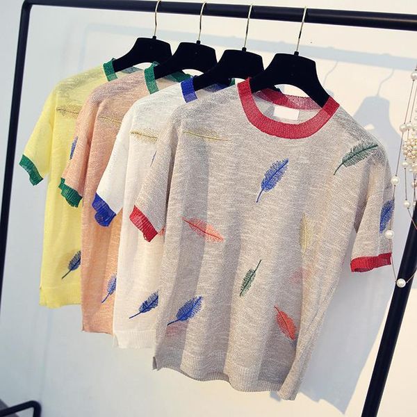 ice silk summer t shirt short sleeve embroidery feather o-neck tshirts knitted women clothes shining, White
ice silk summer t shirt short sleeve embroidery feather o-neck tshirts knitted women clothes shining, White