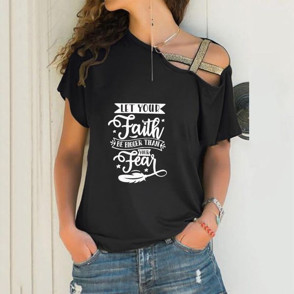 women's t-shirt let your faith be bigger than fear feather loose women irregular tshirt skew neck cross bandage, White
women's t-shirt let your faith be bigger than fear feather loose women irregular tshirt skew neck cross bandage, White