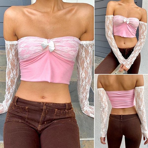 women's t-shirt pink crop lace patchwork t shirt bow cute pullovers slash neck backless women party clubwear, White
women's t-shirt pink crop lace patchwork t shirt bow cute pullovers slash neck backless women party clubwear, White