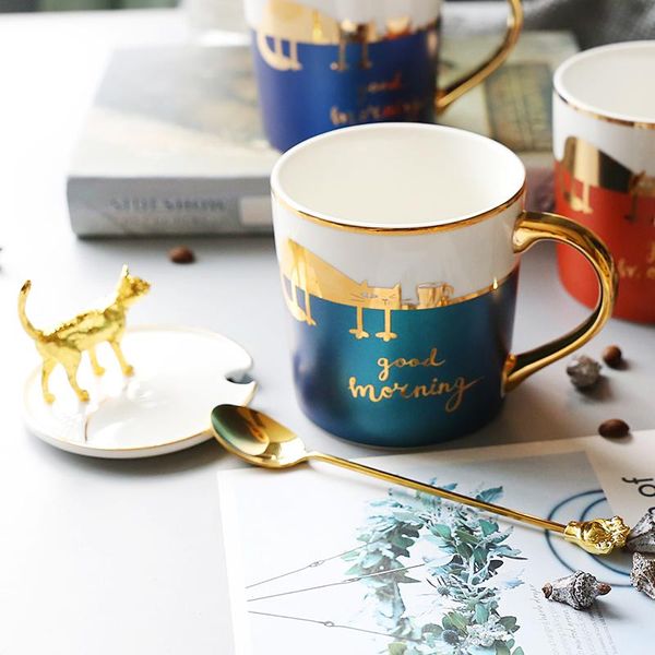 creative gold mug ceramics elegant art lid spoon unique coffee mugs couple fashion kubek termiczny kitchen supplies di50kb
