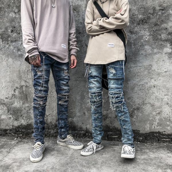 men's jeans personality rock punk ripped high street vintage frayed slim denim trousers fashion patchwork pencil pants, Blue
men's jeans personality rock punk ripped high street vintage frayed slim denim trousers fashion patchwork pencil pants, Blue