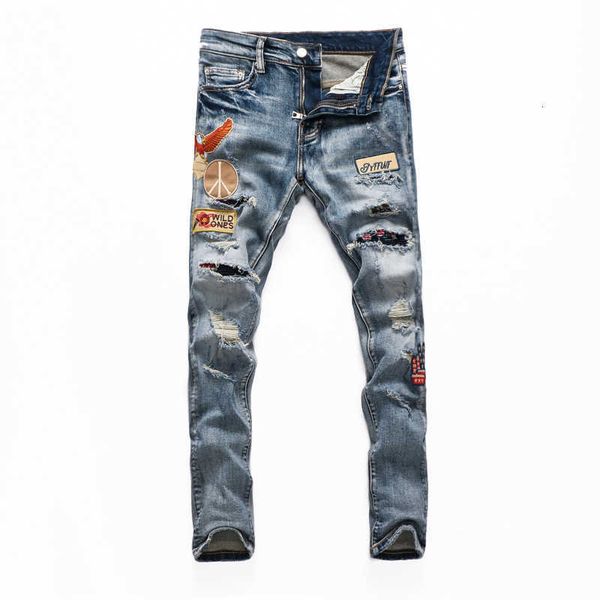 men's jeans american street style fashion retro blue slim fit ripped patches designer hip hop punk pants 8phs
men's jeans american street style fashion retro blue slim fit ripped patches designer hip hop punk pants 8phs