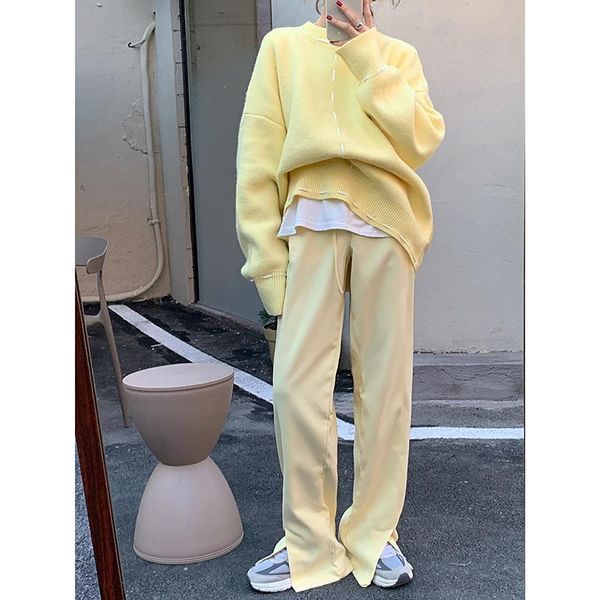 women's oversized knitting 2 piece outfits solid yellow o-neck knitted pullover sweaters split hem drawstring wide leg pants, White
women's oversized knitting 2 piece outfits solid yellow o-neck knitted pullover sweaters split hem drawstring wide leg pants, White