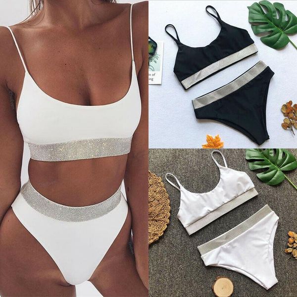women's swimwear womens push up padded bra bikini set high waisted swimsuit bathing suit bling sequin crystal bordered 2pcs beachwear, White;black
women's swimwear womens push up padded bra bikini set high waisted swimsuit bathing suit bling sequin crystal bordered 2pcs beachwear, White;black