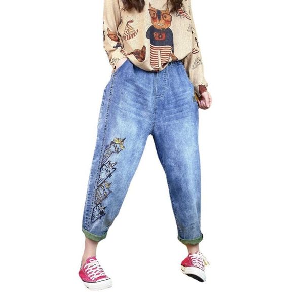 2021 new jeans women spring elasticity loose denim pants women elastic waist embroidery retro casual denim trousers, Blue
2021 new jeans women spring elasticity loose denim pants women elastic waist embroidery retro casual denim trousers, Blue
