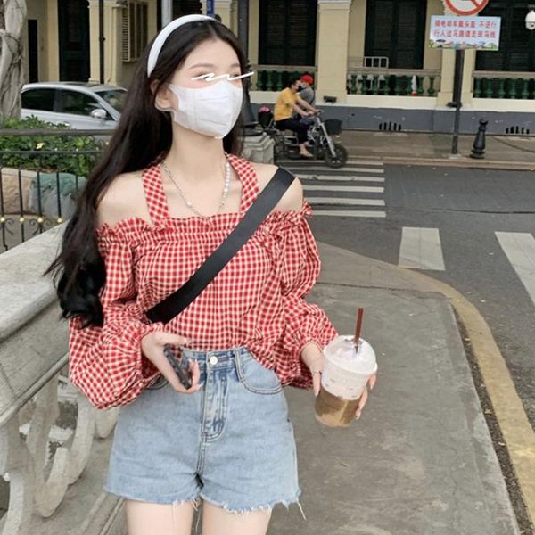 women's blouses & shirts summer long sleeve women slash neck halter off shoulder plaid crop sweet japan style female clothing, White
women's blouses & shirts summer long sleeve women slash neck halter off shoulder plaid crop sweet japan style female clothing, White