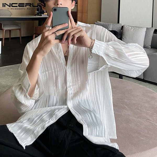 men's casual shirts man shiny mesh button camisa incerun men fashion solid color shirt long sleeve lapel blouse leisure see through blu, White;black
men's casual shirts man shiny mesh button camisa incerun men fashion solid color shirt long sleeve lapel blouse leisure see through blu, White;black