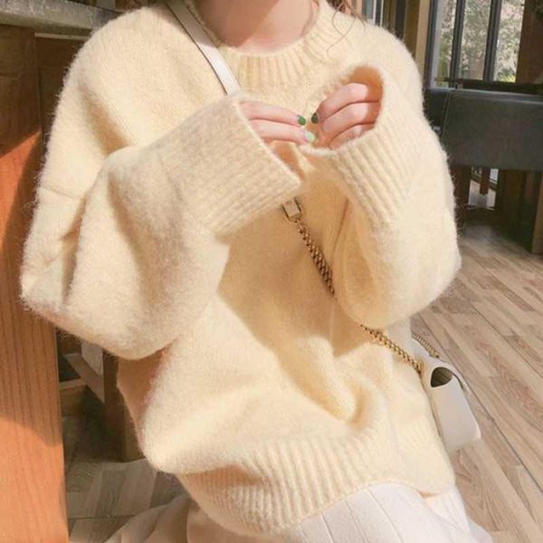women's sweaters yellow o-neck pullovers vintage knitted 2021 autumn winter clothes solid casual korean loose for women, White;black
women's sweaters yellow o-neck pullovers vintage knitted 2021 autumn winter clothes solid casual korean loose for women, White;black
