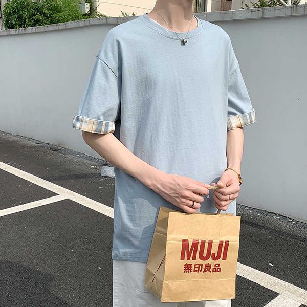 short lattice splicing sleeve t-shirt men's summer 2021 korean fashion loose casual brand couple's t-shirt, White;black
short lattice splicing sleeve t-shirt men's summer 2021 korean fashion loose casual brand couple's t-shirt, White;black