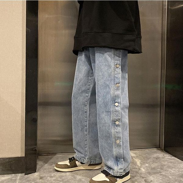 men's jeans spring summer korean mens side button loose straight wide leg denim pant skateboard streetwear hip hop casual trousers, Blue
men's jeans spring summer korean mens side button loose straight wide leg denim pant skateboard streetwear hip hop casual trousers, Blue