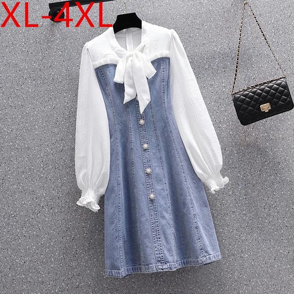 plus size dresses 4xl ladies for women 2021 autumn bow collar long puff sleeve denim patchwork large elegant female dress, Black
plus size dresses 4xl ladies for women 2021 autumn bow collar long puff sleeve denim patchwork large elegant female dress, Black