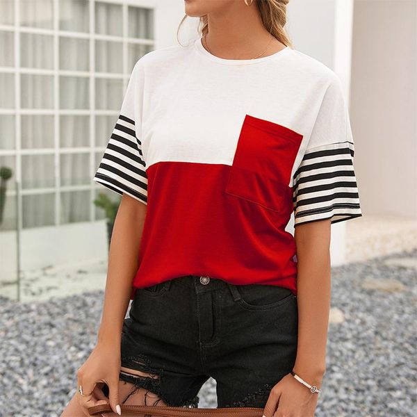 women's t-shirt summer contrast color patchwork pocket short sleeve o neck t shirt women casual loose streetwear beach femme, White
women's t-shirt summer contrast color patchwork pocket short sleeve o neck t shirt women casual loose streetwear beach femme, White