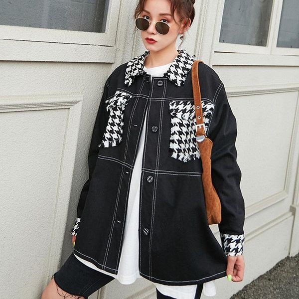 women's jackets 2021 autumn loose fashion houndstooth hit color stitching black denim jacket women burrs fringe korean female cowboy, Black;brown
women's jackets 2021 autumn loose fashion houndstooth hit color stitching black denim jacket women burrs fringe korean female cowboy, Black;brown