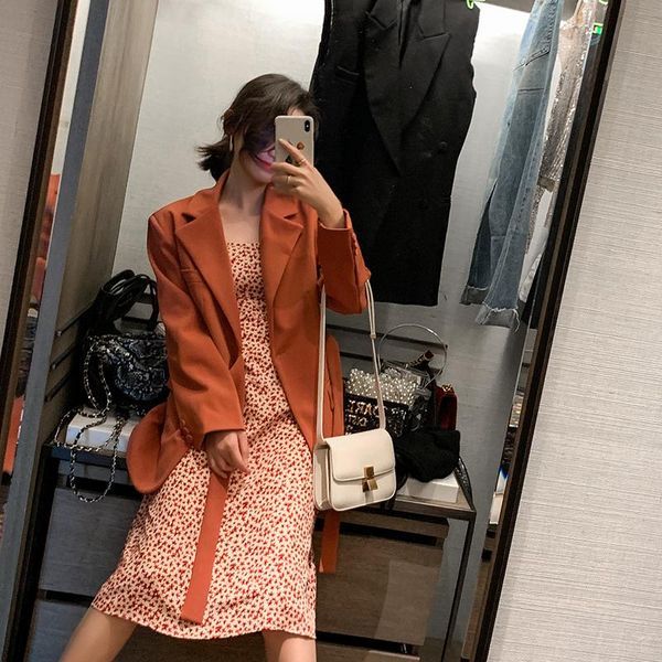 women's suits & blazers single button orange jacket full sleeve waist belt black coat suit twill female chic ins women sashes, White;black
women's suits & blazers single button orange jacket full sleeve waist belt black coat suit twill female chic ins women sashes, White;black
