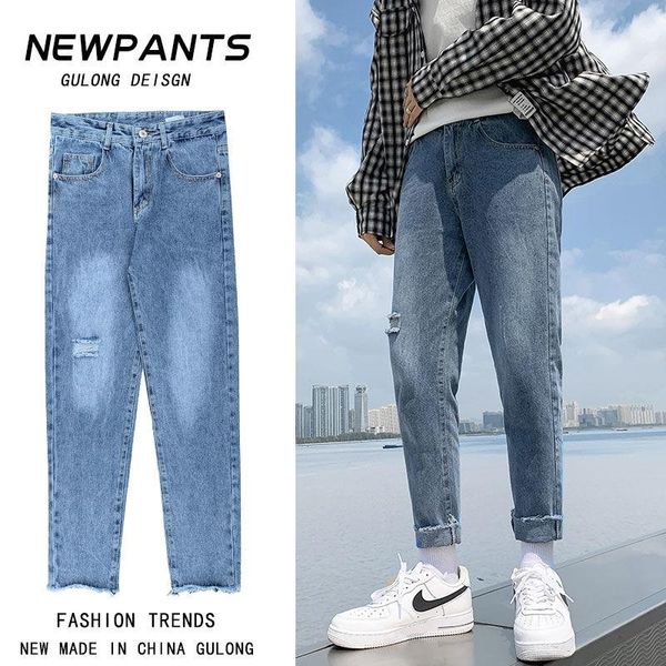 2021 spring men's hole jeans korean fashion brand casual nine point straight loose long pants ing, Blue
2021 spring men's hole jeans korean fashion brand casual nine point straight loose long pants ing, Blue