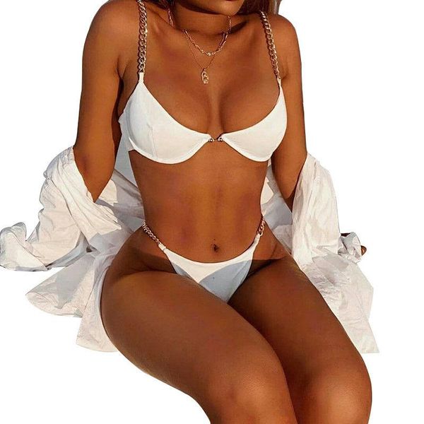 women's swimwear bikini three-point chain steel support gathers breasts, personality revolving pin buckle split swimsuit women, White;black
women's swimwear bikini three-point chain steel support gathers breasts, personality revolving pin buckle split swimsuit women, White;black