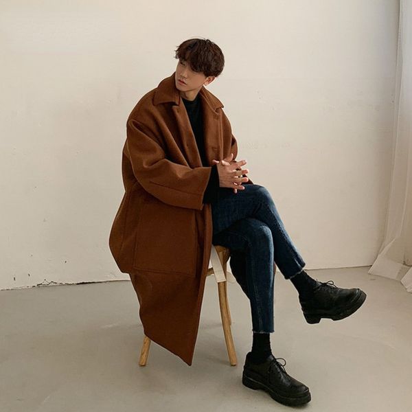 men's winter korean trend thickened woolen coat mid length turn down collar ins over knee loose windbreaker fashion, Black
men's winter korean trend thickened woolen coat mid length turn down collar ins over knee loose windbreaker fashion, Black