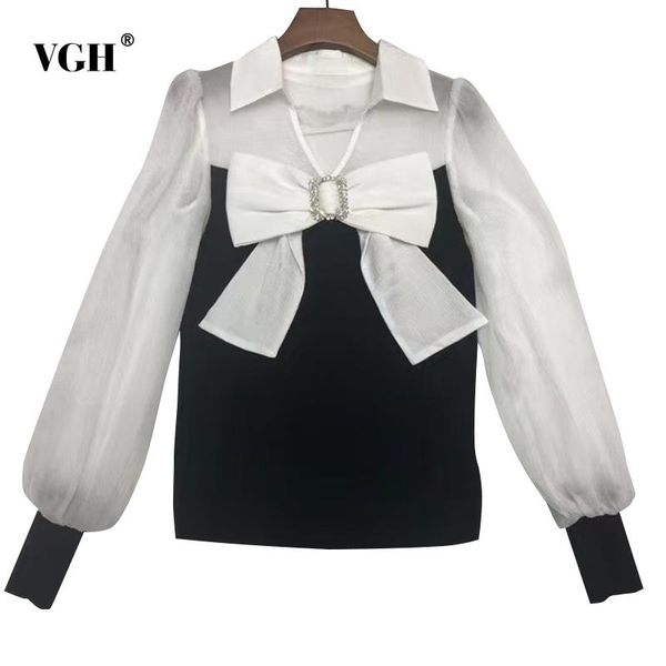 women's blouses & shirts vgh patchwork bowknot colorblock slim shirt female v neck long sleeve fashion temperament blouse for women aut, White
women's blouses & shirts vgh patchwork bowknot colorblock slim shirt female v neck long sleeve fashion temperament blouse for women aut, White