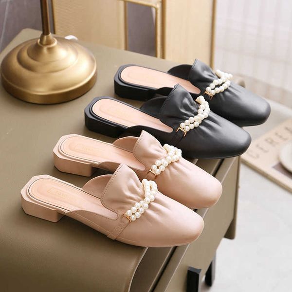 2022 new women wear korean style lazy shoes with one foot for leisure and baotou half slippers in summer, Black