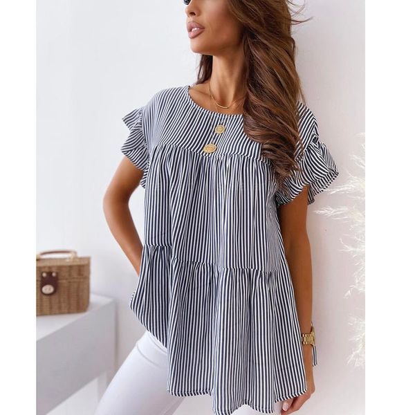 women's blouses & shirts women round neck ruffle short sleeve striped summer 2021 casual loose office ladies long blouse shirt blusa de, White
women's blouses & shirts women round neck ruffle short sleeve striped summer 2021 casual loose office ladies long blouse shirt blusa de, White