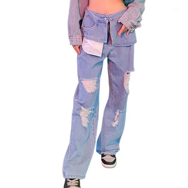 women's jeans big pockets splice ripped pants female straight hit color denim trousers front buttons high waist women, Blue
women's jeans big pockets splice ripped pants female straight hit color denim trousers front buttons high waist women, Blue