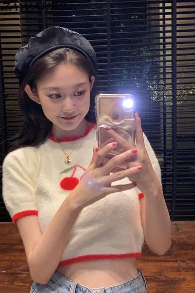 women's sweaters zawahiki chic autumn sweet round neck pullover short-sleeved cherry embroidery short all-match sweater women, White;black
women's sweaters zawahiki chic autumn sweet round neck pullover short-sleeved cherry embroidery short all-match sweater women, White;black