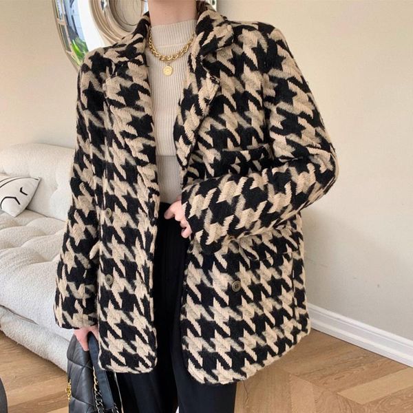 women's wool & blends fashion women retro casual temperament elegant long sleeve pocket double breasted houndstooth belt coat loose fem, Black
women's wool & blends fashion women retro casual temperament elegant long sleeve pocket double breasted houndstooth belt coat loose fem, Black