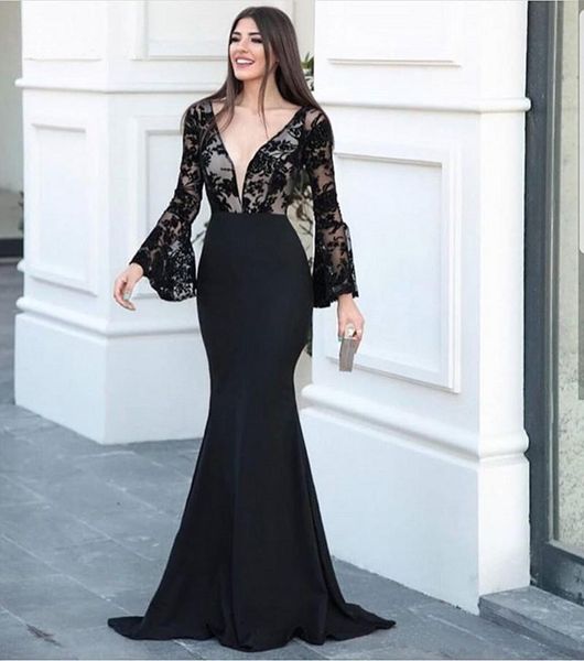 custom deep v neck long sleeves lace mermaid evening dresses sweep train appliqued formal prom gowns, Black;red
custom deep v neck long sleeves lace mermaid evening dresses sweep train appliqued formal prom gowns, Black;red