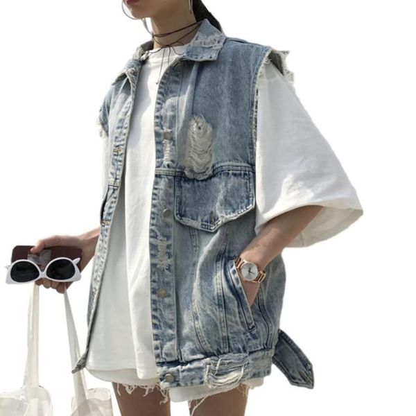 women's vests 2021 summer fashion washed big hole sleeveless women turn down colar denim coat retro loose jeans vest, Black;white
women's vests 2021 summer fashion washed big hole sleeveless women turn down colar denim coat retro loose jeans vest, Black;white
