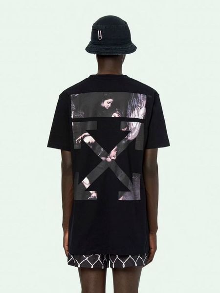 chao brand oil painting virgin mary arrow print men's and women's ow short sleeve t-shirt lovers tee, White;black 
chao brand oil painting virgin mary arrow print men's and women's ow short sleeve t-shirt lovers tee, White;black